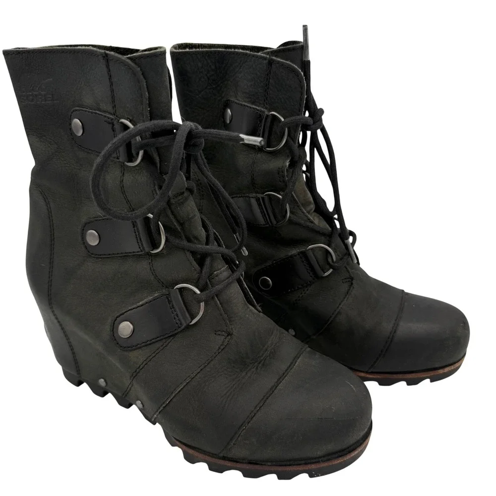 Sorel Joan of Arctic Wedge II Boots Womens Black Leather Waterproof Lace Up